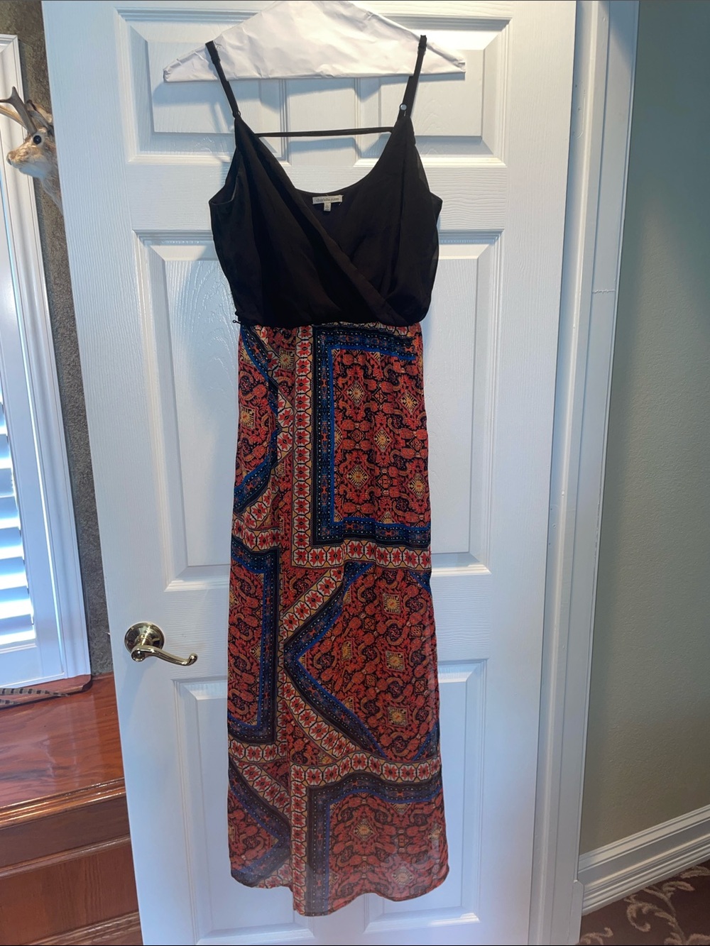 Bohemian Black & Red Printed Maxi Dress with Spaghetti Straps